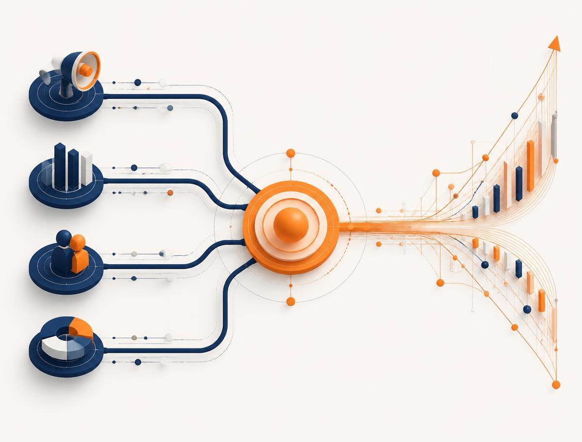 Abstract diagram of separate navy lines converging into a single connected node Abstract diagram of separate navy lines converging into a single connected node