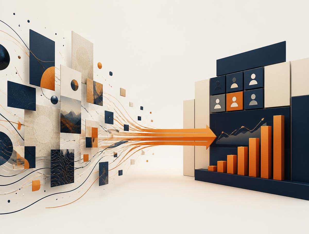 Abstract geometric frames rising like a staircase, representing creative proof compounding into recurring revenue Abstract geometric frames rising like a staircase, representing creative proof compounding into recurring revenue