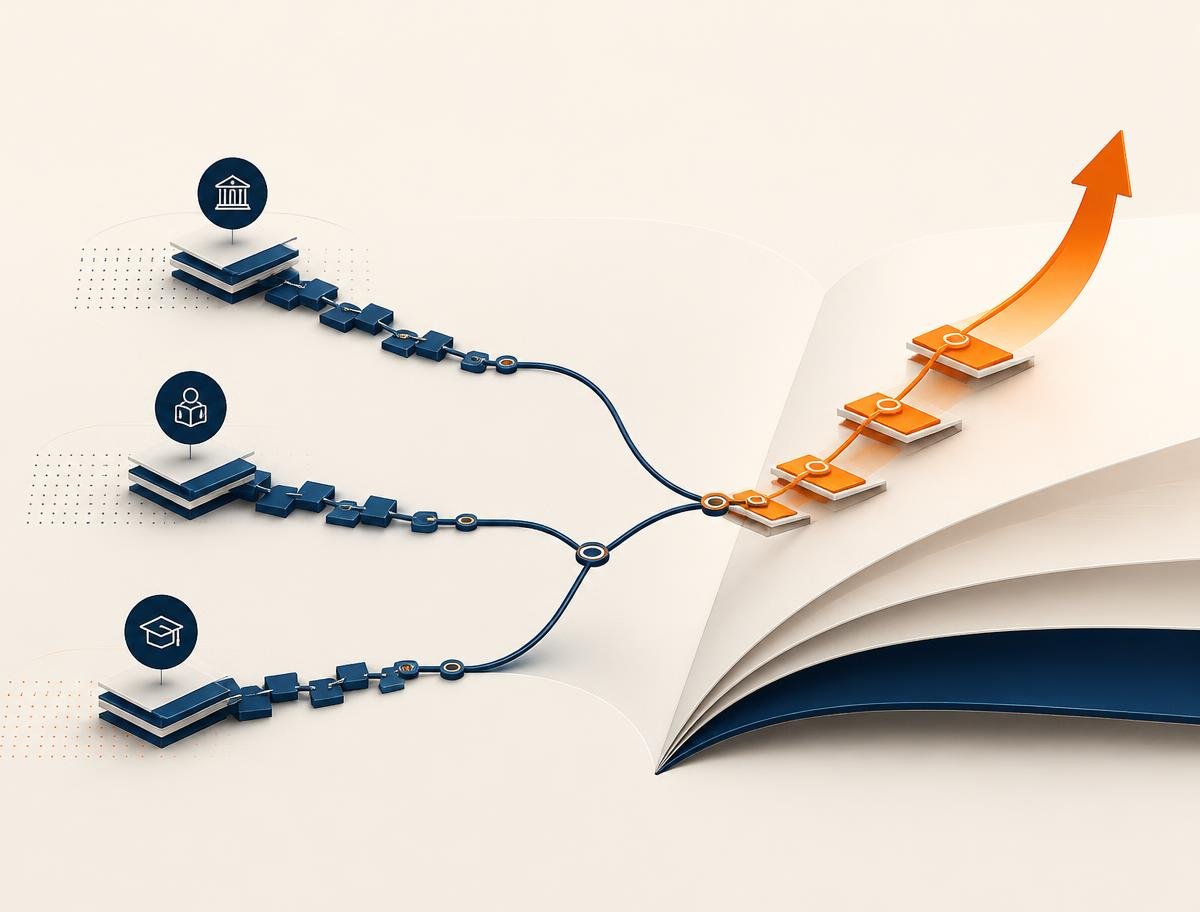 Two architectural paths merging into one, representing the user and the buyer converging on a single commercial motion