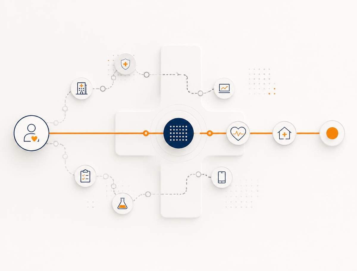 Layered architectural steps representing trust built before demand in a HealthTech growth system Layered architectural steps representing trust built before demand in a HealthTech growth system