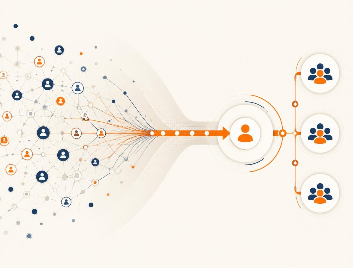 Abstract data visualization of dense market knowledge distilled into a few strong insight signals Abstract data visualization of dense market knowledge distilled into a few strong insight signals